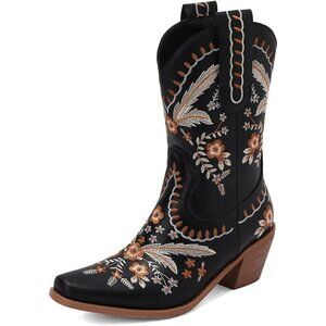 Lipijixi Cowboy Boots Women Black Synthetic Embroidered Floral Low Chunky Boots